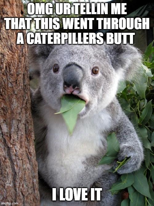 Surprised Koala | OMG UR TELLIN ME THAT THIS WENT THROUGH A CATERPILLERS BUTT; I LOVE IT | image tagged in memes,surprised koala | made w/ Imgflip meme maker