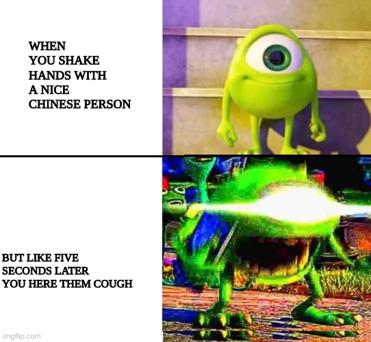 mike wazowski | WHEN YOU SHAKE HANDS WITH A NICE CHINESE PERSON; BUT LIKE FIVE SECONDS LATER YOU HERE THEM COUGH | image tagged in mike wazowski | made w/ Imgflip meme maker