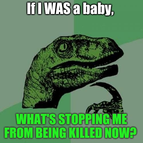 Philosoraptor | If I WAS a baby, WHAT'S STOPPING ME FROM BEING KILLED NOW? | image tagged in memes,philosoraptor | made w/ Imgflip meme maker