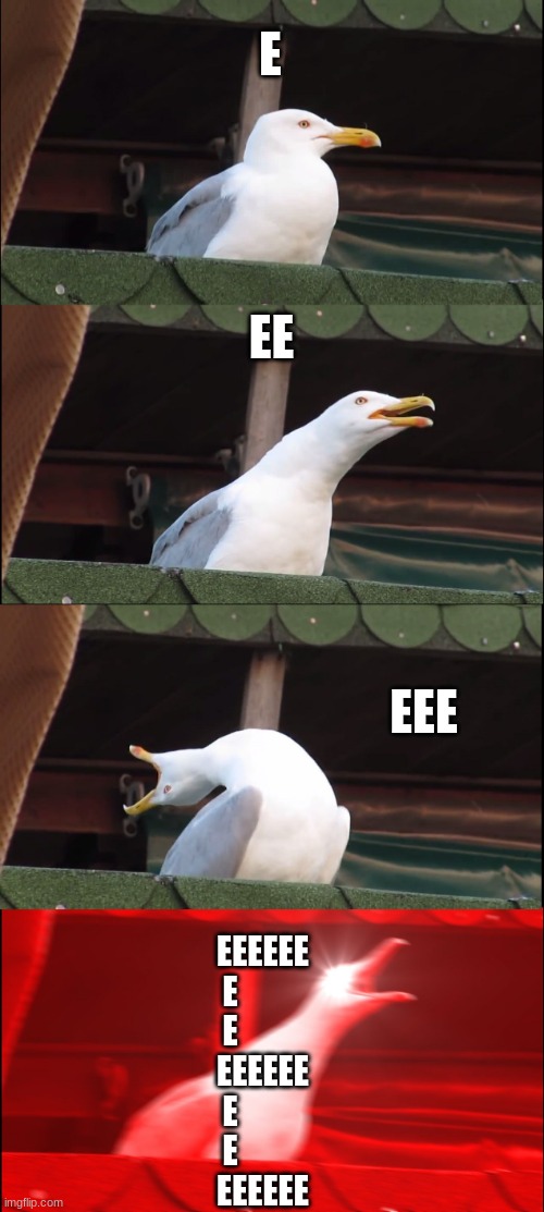 Inhaling Seagull | E; EE; EEE; EEEEEE
E
E
          EEEEEE
E
E
          EEEEEE | image tagged in memes,inhaling seagull | made w/ Imgflip meme maker