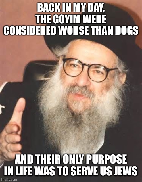 Back In My Day Rabbi | BACK IN MY DAY, THE GOYIM WERE CONSIDERED WORSE THAN DOGS; AND THEIR ONLY PURPOSE IN LIFE WAS TO SERVE US JEWS | image tagged in back in my day rabbi | made w/ Imgflip meme maker