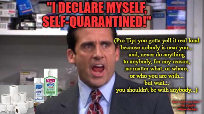 the office bankruptcy | "I DECLARE MYSELF,
SELF-QUARANTINED!"; (Pro Tip: you gotta yell it real loud
because nobody is near you...
and, never do anything
to anybody, for any reason,
no matter what, or where,
or who you are with...
but wait...
you shouldn't be with anybody...); "Don't don't not panic."
-- Mr.JiggyFly
--Wayne Gretzky | image tagged in the office bankruptcy,coronavirus,covid-19,quarantine,china,self quarantine | made w/ Imgflip meme maker