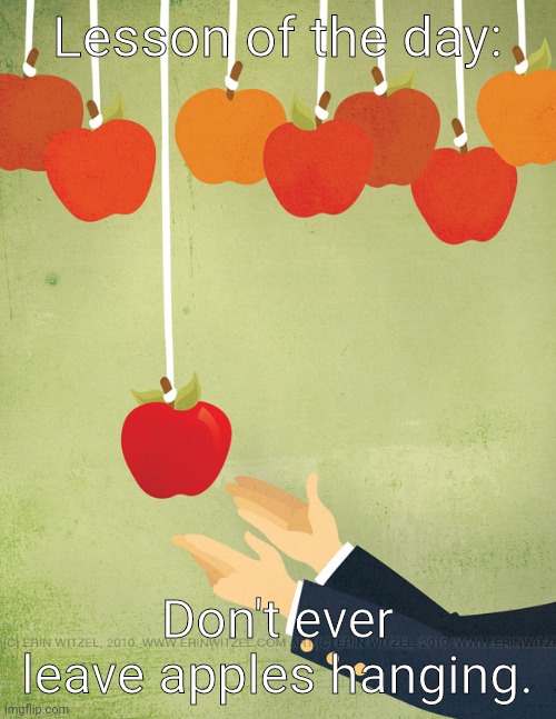 Low hanging fruit | Lesson of the day:; Don't ever leave apples hanging. | image tagged in low hanging fruit | made w/ Imgflip meme maker