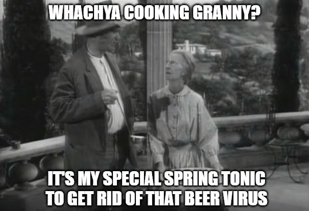 Granny spring tonic | WHACHYA COOKING GRANNY? IT'S MY SPECIAL SPRING TONIC TO GET RID OF THAT BEER VIRUS | image tagged in beverly hillbillies,coronavirus | made w/ Imgflip meme maker
