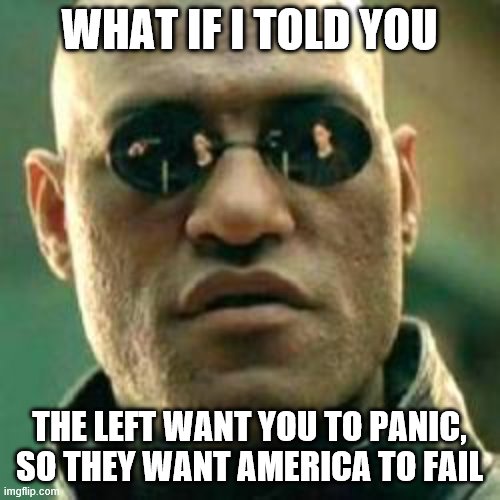 WHAT IF I TOLD YOU.... | WHAT IF I TOLD YOU THE LEFT WANT YOU TO PANIC, SO THEY WANT AMERICA TO FAIL | image tagged in what if i told you | made w/ Imgflip meme maker