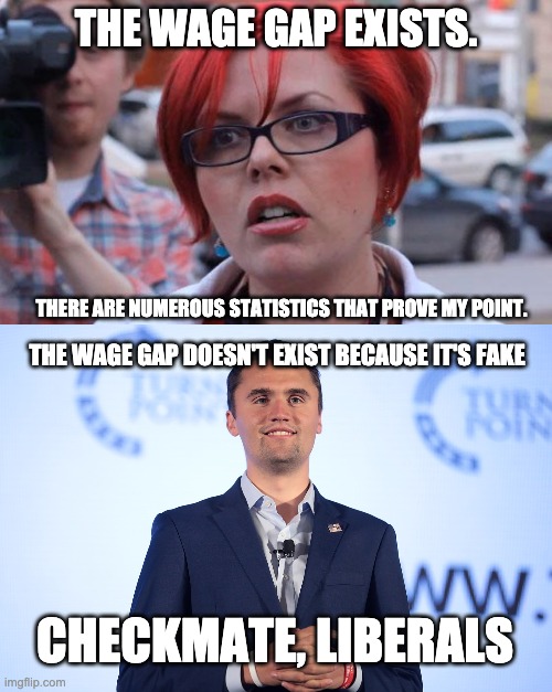 THE WAGE GAP EXISTS. THERE ARE NUMEROUS STATISTICS THAT PROVE MY POINT. THE WAGE GAP DOESN'T EXIST BECAUSE IT'S FAKE; CHECKMATE, LIBERALS | image tagged in angry feminist | made w/ Imgflip meme maker