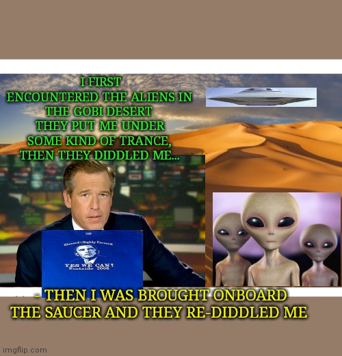 Brian Williams was there | I FIRST ENCOUNTERED THE ALIENS IN THE GOBI DESERT. THEY PUT ME UNDER SOME KIND OF TRANCE, THEN THEY DIDDLED ME... - THEN I WAS BROUGHT ONBOARD THE SAUCER AND THEY RE-DIDDLED ME | image tagged in fake news,crazy | made w/ Imgflip meme maker