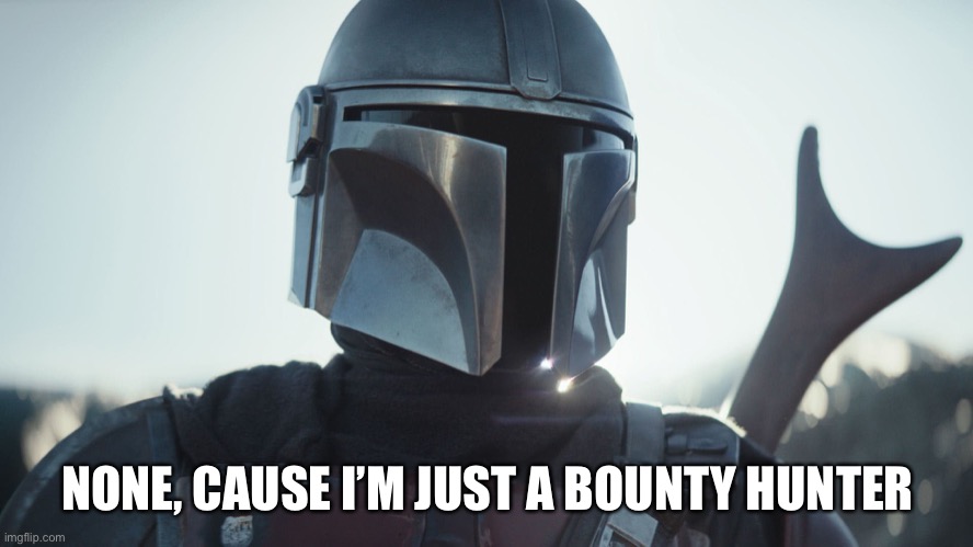 The Mandalorian. | NONE, CAUSE I’M JUST A BOUNTY HUNTER | image tagged in the mandalorian | made w/ Imgflip meme maker