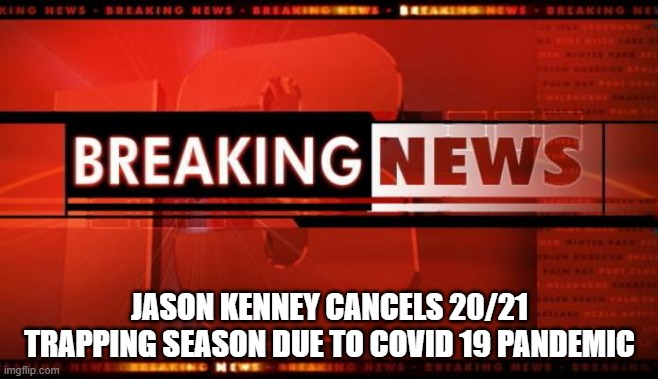 breaking news | JASON KENNEY CANCELS 20/21 TRAPPING SEASON DUE TO COVID 19 PANDEMIC | image tagged in breaking news | made w/ Imgflip meme maker
