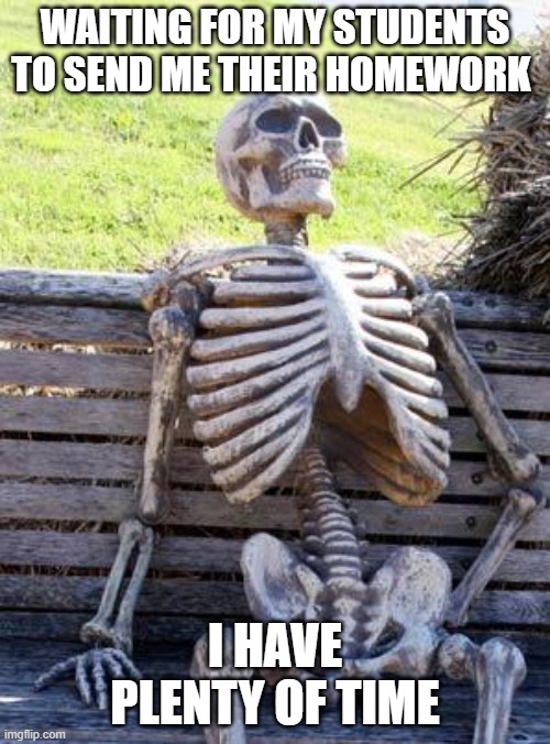 Waiting Skeleton | WAITING FOR MY STUDENTS TO SEND ME THEIR HOMEWORK; I HAVE PLENTY OF TIME | image tagged in memes,waiting skeleton | made w/ Imgflip meme maker