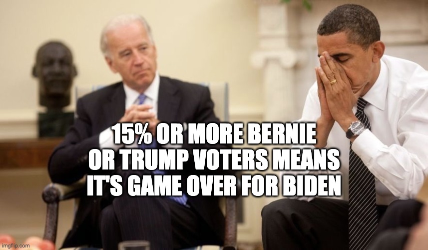 Bernie or Trump 15% | 15% OR MORE BERNIE OR TRUMP VOTERS MEANS IT'S GAME OVER FOR BIDEN | image tagged in biden obama | made w/ Imgflip meme maker