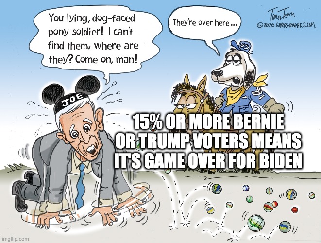15% Bernie or Trump | 15% OR MORE BERNIE OR TRUMP VOTERS MEANS IT'S GAME OVER FOR BIDEN | image tagged in 15 percent of bernie voters | made w/ Imgflip meme maker