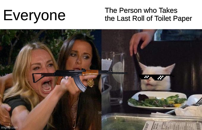 Woman Yelling At Cat | Everyone; The Person who Takes the Last Roll of Toilet Paper | image tagged in memes,woman yelling at cat | made w/ Imgflip meme maker