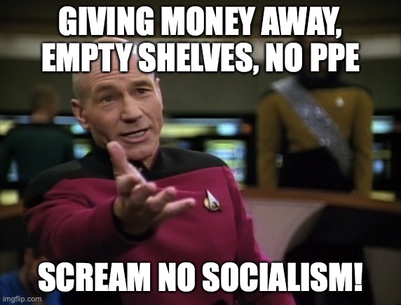 Pickard wtf | GIVING MONEY AWAY, EMPTY SHELVES, NO PPE SCREAM NO SOCIALISM! | image tagged in pickard wtf | made w/ Imgflip meme maker