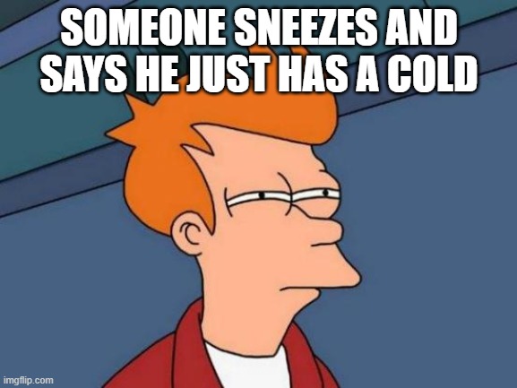 Futurama Fry Meme | SOMEONE SNEEZES AND SAYS HE JUST HAS A COLD | image tagged in memes,futurama fry | made w/ Imgflip meme maker