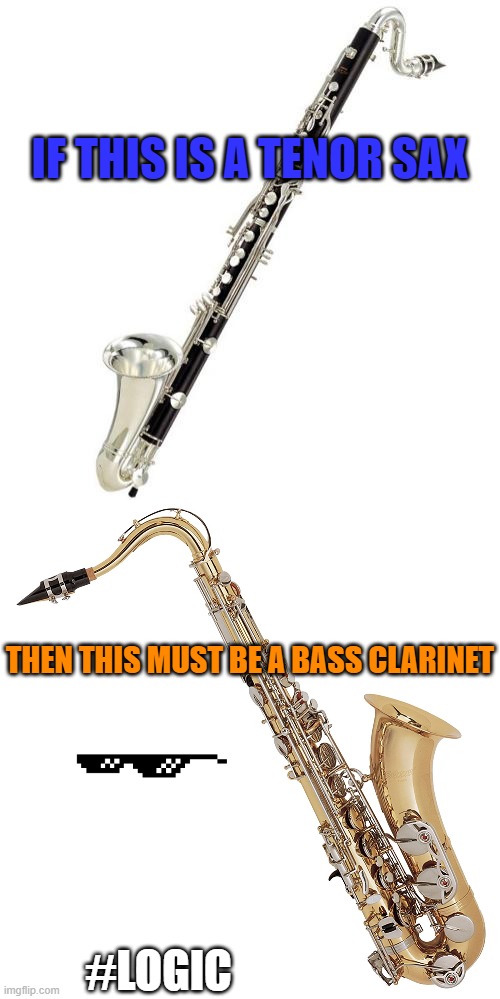 Bass clarinet memes |  IF THIS IS A TENOR SAX; THEN THIS MUST BE A BASS CLARINET; #LOGIC | image tagged in logic,band,funny meme | made w/ Imgflip meme maker