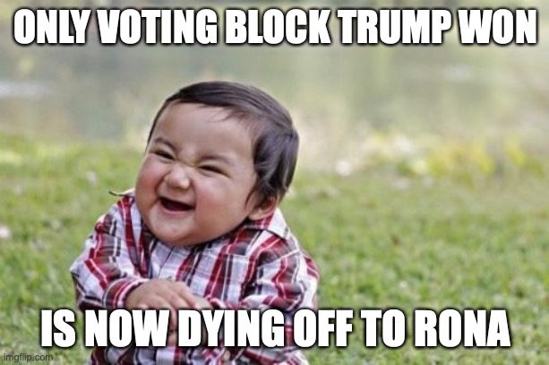 Evil Toddler Meme | ONLY VOTING BLOCK TRUMP WON IS NOW DYING OFF TO RONA | image tagged in memes,evil toddler | made w/ Imgflip meme maker