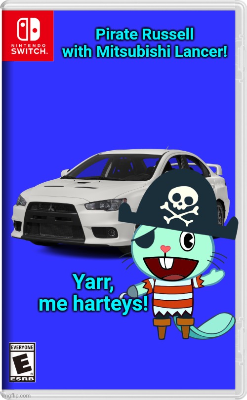 Russell with Mitsubishi Lancer! | Pirate Russell with Mitsubishi Lancer! Yarr, me harteys! | image tagged in nintendo switch,happy tree friends,mitsubishi,pirates | made w/ Imgflip meme maker