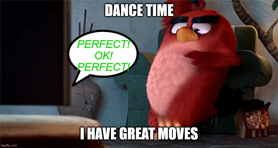 DANCE TIME; PERFECT!
OK!
PERFECT! I HAVE GREAT MOVES | image tagged in angry birds | made w/ Imgflip meme maker