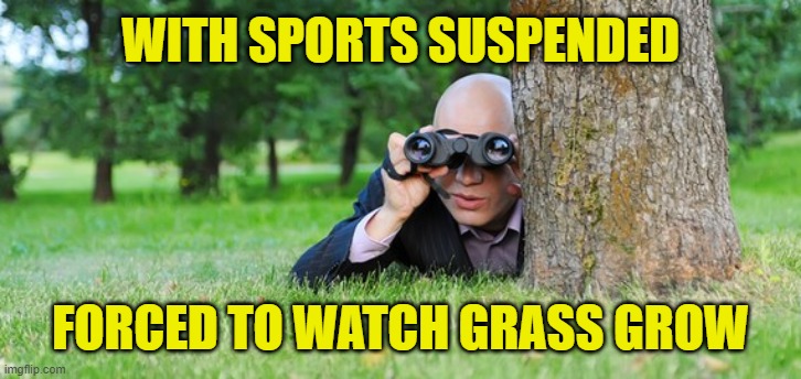 Sports desperation: Has Vegas started any grass betting lines yet? | WITH SPORTS SUSPENDED; FORCED TO WATCH GRASS GROW | image tagged in spying in the grass,memes,covid-19,sports fans,desperate,social distancing | made w/ Imgflip meme maker