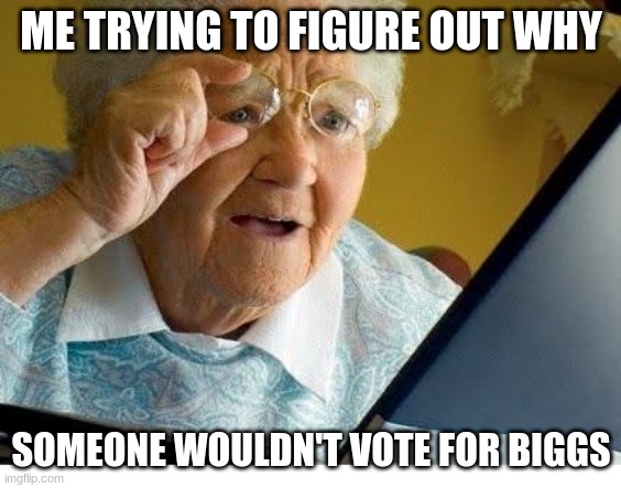 old lady at computer | ME TRYING TO FIGURE OUT WHY; SOMEONE WOULDN'T VOTE FOR BIGGS | image tagged in old lady at computer | made w/ Imgflip meme maker