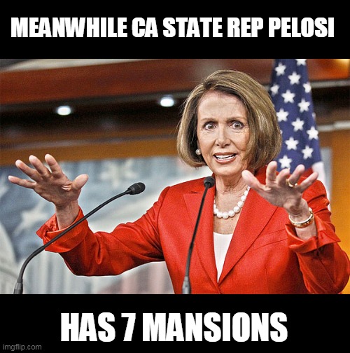 Nancy Pelosi is crazy | MEANWHILE CA STATE REP PELOSI HAS 7 MANSIONS | image tagged in nancy pelosi is crazy | made w/ Imgflip meme maker
