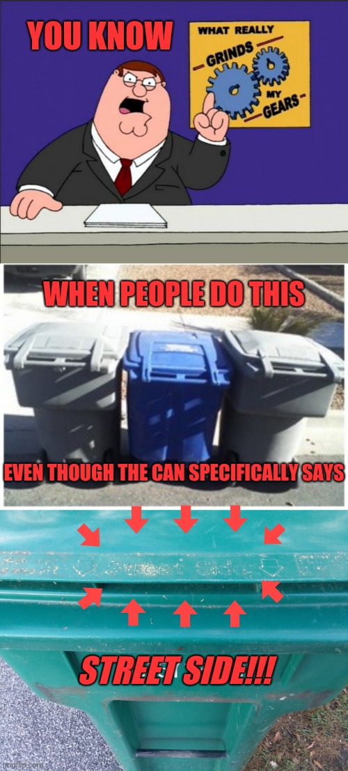 How Trash Cans Grind My Gears | YOU KNOW; WHEN PEOPLE DO THIS; EVEN THOUGH THE CAN SPECIFICALLY SAYS; STREET SIDE!!! | image tagged in you know what really grinds my gears,peter griffin,taking out the trash | made w/ Imgflip meme maker