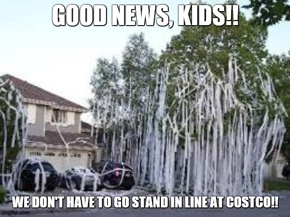 GOOD NEWS, KIDS!! WE DON'T HAVE TO GO STAND IN LINE AT COSTCO!! | image tagged in coronavirus,teepee | made w/ Imgflip meme maker