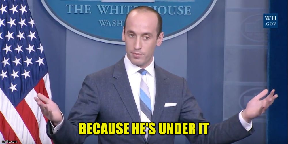 Stephen Miller cosmopolitan | BECAUSE HE'S UNDER IT | image tagged in stephen miller cosmopolitan | made w/ Imgflip meme maker