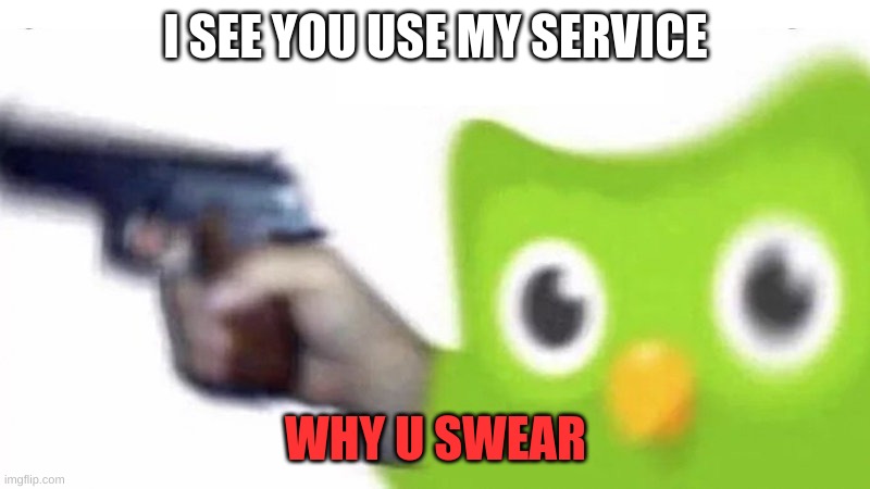 duolingo gun | I SEE YOU USE MY SERVICE WHY U SWEAR | image tagged in duolingo gun | made w/ Imgflip meme maker