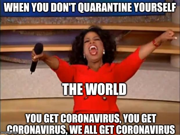 Oprah You Get A | WHEN YOU DON'T QUARANTINE YOURSELF; THE WORLD; YOU GET CORONAVIRUS, YOU GET CORONAVIRUS, WE ALL GET CORONAVIRUS | image tagged in memes,oprah you get a | made w/ Imgflip meme maker