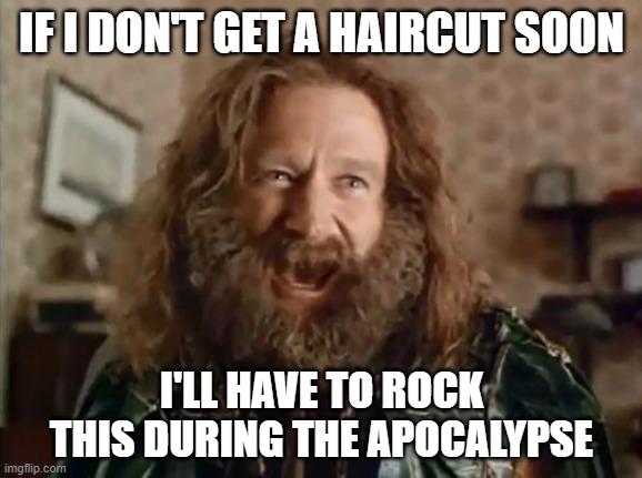 What Year Is It | IF I DON'T GET A HAIRCUT SOON; I'LL HAVE TO ROCK THIS DURING THE APOCALYPSE | image tagged in memes,what year is it,jumanji,haircut,apocalypse | made w/ Imgflip meme maker
