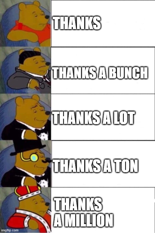 Pooh 5 panel | THANKS; THANKS A BUNCH; THANKS A LOT; THANKS A TON; THANKS A MILLION | image tagged in pooh 5 panel | made w/ Imgflip meme maker