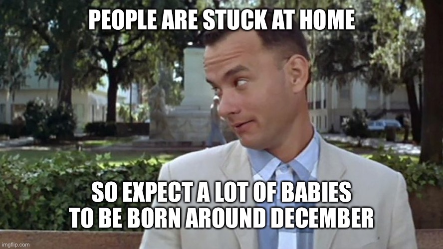 Forrest Gump Face | PEOPLE ARE STUCK AT HOME; SO EXPECT A LOT OF BABIES TO BE BORN AROUND DECEMBER | image tagged in forrest gump face | made w/ Imgflip meme maker