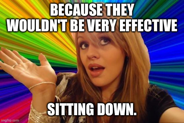 Dumb Blonde Meme | BECAUSE THEY WOULDN'T BE VERY EFFECTIVE SITTING DOWN. | image tagged in memes,dumb blonde | made w/ Imgflip meme maker