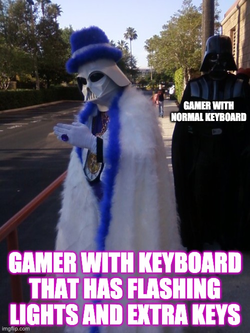 Pimp Vader | GAMER WITH NORMAL KEYBOARD; GAMER WITH KEYBOARD THAT HAS FLASHING LIGHTS AND EXTRA KEYS | image tagged in pimp vader | made w/ Imgflip meme maker