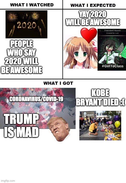 What I Watched/ What I Expected/ What I Got | YAY 2020 WILL BE AWESOME; PEOPLE WHO SAY 2020 WILL BE AWESOME; KOBE BRYANT DIED :(; CORONAVIRUS/COVID-19; TRUMP IS MAD | image tagged in what i watched/ what i expected/ what i got | made w/ Imgflip meme maker
