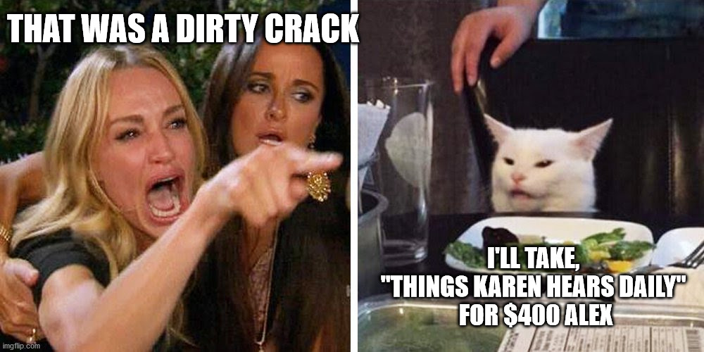 Smudge the cat | THAT WAS A DIRTY CRACK; I'LL TAKE, 
"THINGS KAREN HEARS DAILY" 
FOR $400 ALEX | image tagged in smudge the cat | made w/ Imgflip meme maker