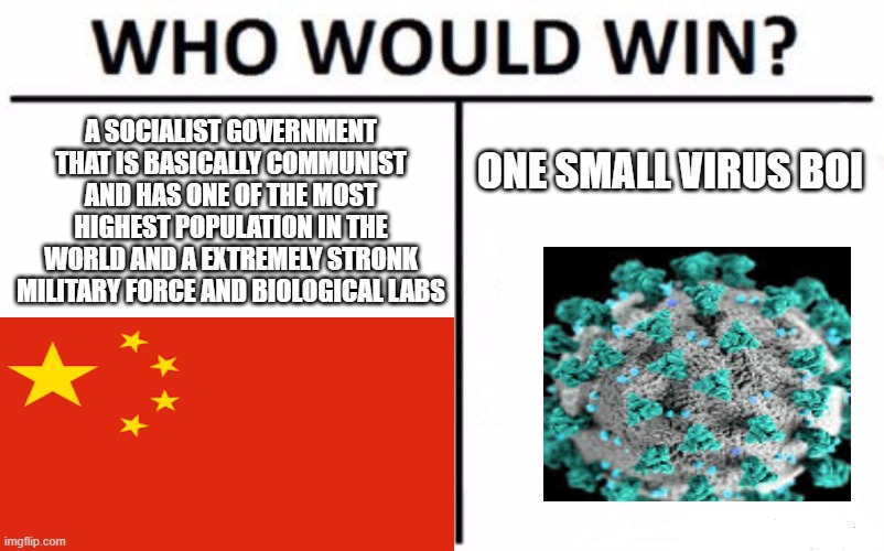 Who Would Win? Meme | A SOCIALIST GOVERNMENT THAT IS BASICALLY COMMUNIST AND HAS ONE OF THE MOST HIGHEST POPULATION IN THE WORLD AND A EXTREMELY STRONK MILITARY FORCE AND BIOLOGICAL LABS; ONE SMALL VIRUS BOI | image tagged in memes,who would win | made w/ Imgflip meme maker