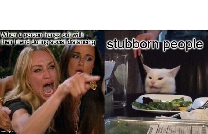 Meow | When a person hangs out with their friend during social distancing; stubborn people | image tagged in memes,woman yelling at cat | made w/ Imgflip meme maker