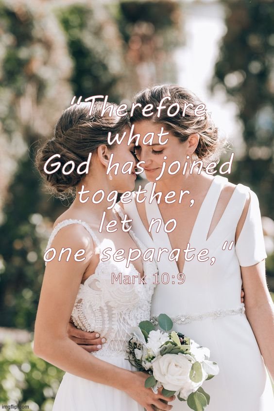 "Therefore what God has joined together, let no one separate,"; Mark 10:9 | image tagged in love,lesbian,lesbians,lgbt,true love | made w/ Imgflip meme maker