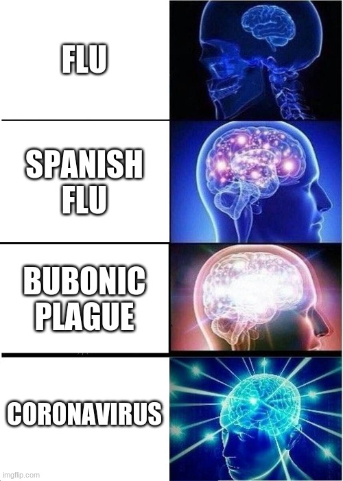 Expanding Brain Meme | FLU; SPANISH FLU; BUBONIC PLAGUE; CORONAVIRUS | image tagged in memes,expanding brain | made w/ Imgflip meme maker