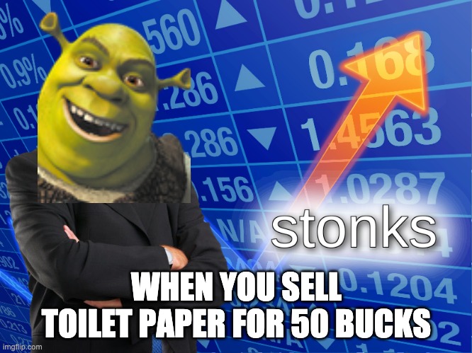 stonks | WHEN YOU SELL TOILET PAPER FOR 50 BUCKS | image tagged in stonks | made w/ Imgflip meme maker