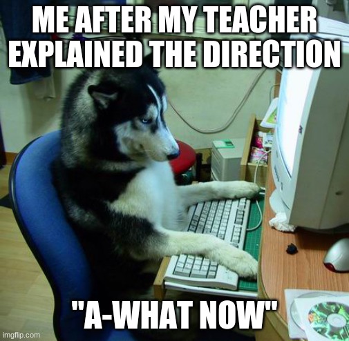 I Have No Idea What I Am Doing | ME AFTER MY TEACHER EXPLAINED THE DIRECTION; "A-WHAT NOW" | image tagged in memes,i have no idea what i am doing | made w/ Imgflip meme maker
