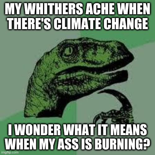 Philosoraptor - Responding To Physical Realm Things | MY WHITHERS ACHE WHEN THERE'S CLIMATE CHANGE; I WONDER WHAT IT MEANS WHEN MY ASS IS BURNING? | image tagged in dinosaur | made w/ Imgflip meme maker