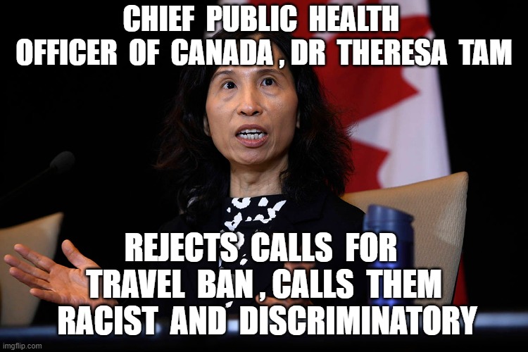 CHIEF  PUBLIC  HEALTH  OFFICER  OF  CANADA , DR  THERESA  TAM; REJECTS  CALLS  FOR  TRAVEL  BAN , CALLS  THEM  RACIST  AND  DISCRIMINATORY | image tagged in coronavirus,theresa tam,incompetence | made w/ Imgflip meme maker