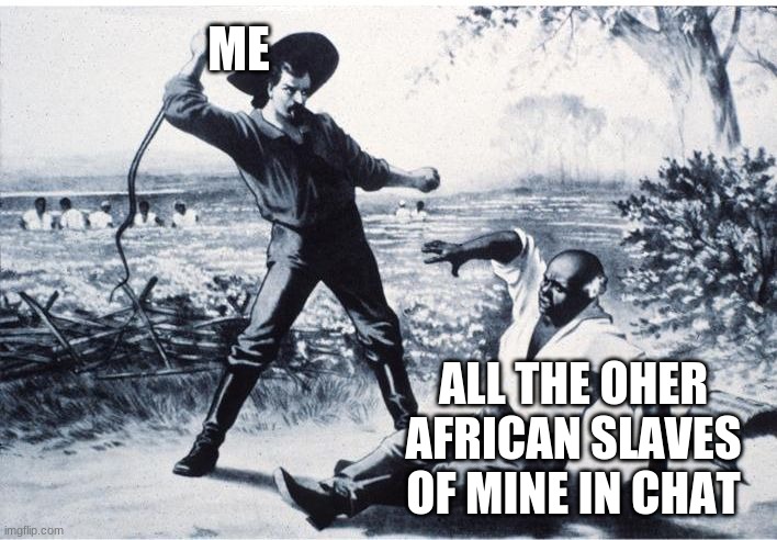 slave | ME; ALL THE OHER AFRICAN SLAVES
OF MINE IN CHAT | image tagged in slave | made w/ Imgflip meme maker