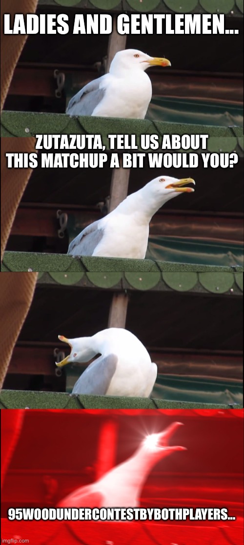 Inhaling Seagull Meme | LADIES AND GENTLEMEN... ZUTAZUTA, TELL US ABOUT THIS MATCHUP A BIT WOULD YOU? 95WOODUNDERCONTESTBYBOTHPLAYERS... | image tagged in memes,inhaling seagull | made w/ Imgflip meme maker