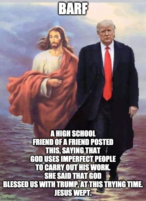 BARF; A HIGH SCHOOL FRIEND OF A FRIEND POSTED THIS, SAYING THAT GOD USES IMPERFECT PEOPLE TO CARRY OUT HIS WORK. SHE SAID THAT GOD BLESSED US WITH TRUMP, AT THIS TRYING TIME.
JESUS WEPT. | made w/ Imgflip meme maker