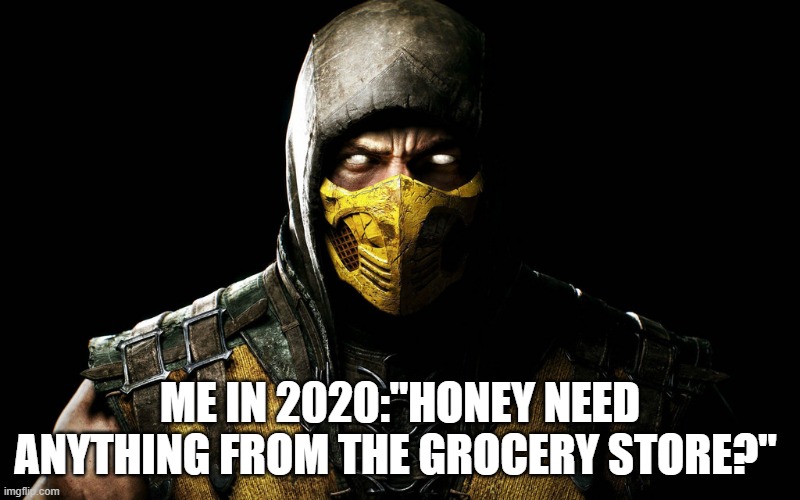 this face ( starring scorpion) | ME IN 2020:"HONEY NEED ANYTHING FROM THE GROCERY STORE?" | image tagged in this face  starring scorpion | made w/ Imgflip meme maker